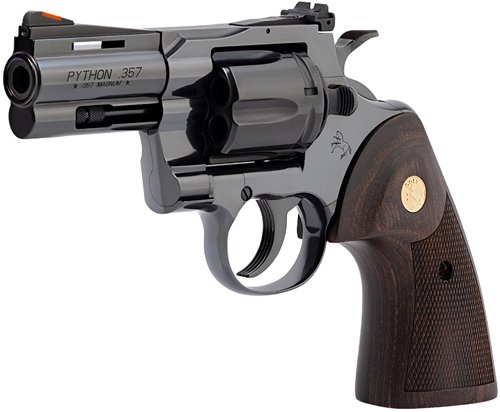 GPYTHONBP3WTS_ANGLE.jpg COLT PYTHON 357MAG 3" 6RD - BLUED WALNUT GOLD MEDALLION