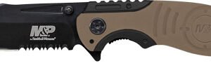 SWMP13GLSCP.jpg S&W KNIFE M&P INDEX FLIPPER - 3.5" BLACK/DESERT TAN CLIP PT