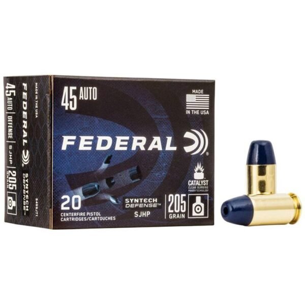 https3A2F2Fmedia.chattanoogashooting.com2Fimages2Fproduct2FFAS45SJT12FFAS45SJT1-1.jpg Federal Syntech Defense Handgun Ammunition .45 ACP SJHP 970 fps 20/ct