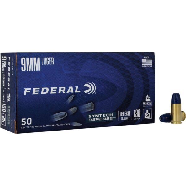 https3A2F2Fmedia.chattanoogashooting.com2Fimages2Fproduct2FFAS9SJT22FFAS9SJT2_1.jpg Federal Syntech Defense Handgun Ammunition 9mm Luger 138 gr. SJHP 1050 fps 50/ct
