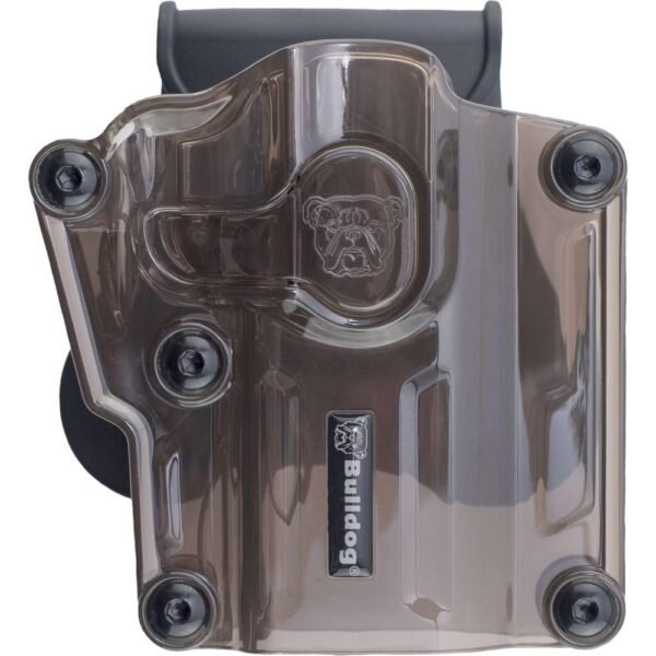 https3A2F2Fmedia.chattanoogashooting.com2Fimages2Fproduct2FJZMX0032FJZMX003-1.jpg Bulldog Max Multi-Fit Polymer Holster w/ Paddle-Transparent Smoke Brown RH