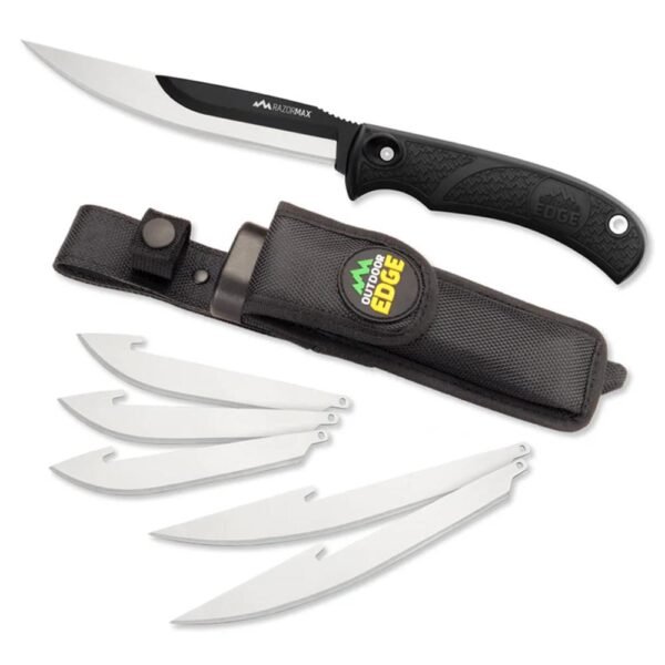 https3A2F2Fmedia.chattanoogashooting.com2Fimages2Fproduct2FOERMK10C2FOERMK10C-1.jpg Outdoor Edge RazorMax Replaceable Fixed Knife 3-1/2" Drop Point Blade 5" Boning Blade Black