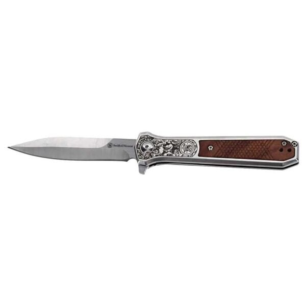 https3A2F2Fmedia.chattanoogashooting.com2Fimages2Fproduct2FPF12084132FPF1208413-1.jpg Smith & Wesson KT Unwavered Spring Assist Folding Knife 3-1/5" Dagger Blade Silver with Brown Box