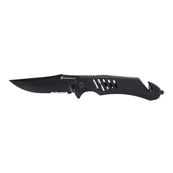 https3A2F2Fmedia.chattanoogashooting.com2Fimages2Fproduct2FPF12153642FPF1215364-1.jpg Smith & Wesson Extreme Ops Folding Knife 3-1/2" Clip Point Blade Black with Glass Breaker and Strap Cutter