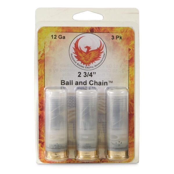 https3A2F2Fmedia.chattanoogashooting.com2Fimages2Fproduct2FPPPRBALLANDCHAIN2FPPPRBALLANDCHAIN.jpg Phoenix Rising Ball & Chain Shotshells 2- 60 Cal Balls Connected with 6'' Cable 12ga 2-3/4" 1200 fps 3/ct
