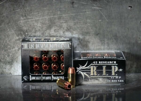 https3A2F2Fmedia.chattanoogashooting.com2Fimages2Fproduct2FQD0000232FQD000023.jpg G2 Research R.I.P. Handgun Ammunition .45 ACP 162 gr HP 1020 fps 20/box