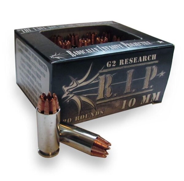 https3A2F2Fmedia.chattanoogashooting.com2Fimages2Fproduct2FQD0060182FQD006018.jpg G2 Research R.I.P. Handgun Ammunition 10mm Auto 115 gr 1220 fps 20/ct
