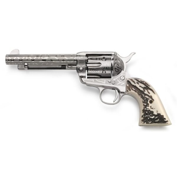 https3A2F2Fmedia.chattanoogashooting.com2Fimages2Fproduct2FTURC12000632FTURC1200063-1.jpg Taylors & Company 1873 Cattlebrand Engraved Stag Handgun .45 Colt 6rd Capacity 5.5" Barrel Engraved Silver with White